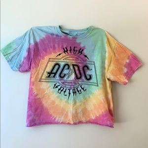 Tie-dye rainbow, AC/DC high voltage shirt.